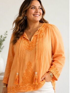 Context Orange Embroidered Tassel Peasant Tunic